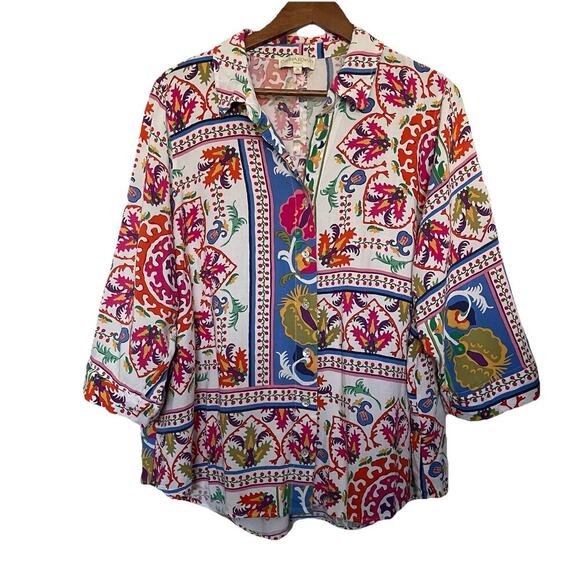 Cynthia Rowley 2X Multicolor Button Front Top Artsy Boho Vacation - Picture 1 of 5